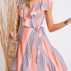 Striped ruffle wrap dress